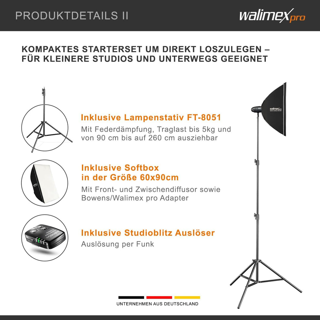 Walimex pro Newcomer 300 II Set Single - 300 Ws Blitzleistung, auslösen per Funk 2,4GHz, LED-Einstel