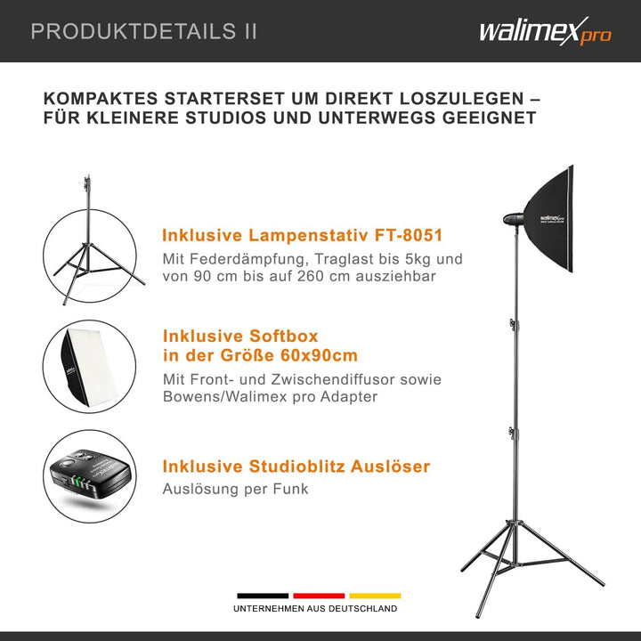 Walimex pro Newcomer 300 II Set Single - 300 Ws Blitzleistung, auslösen per Funk 2,4GHz, LED-Einstel