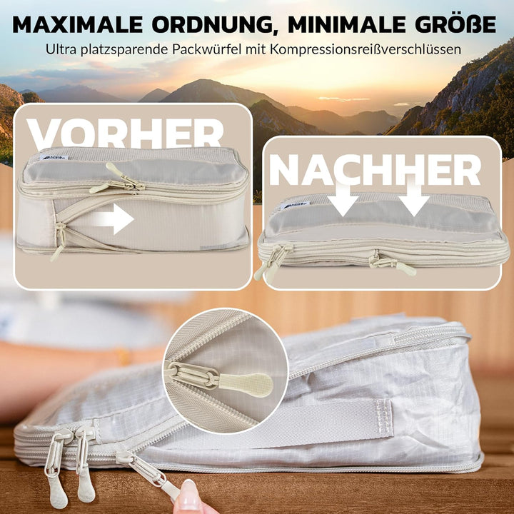 BACK&amp;PACKER® Packing Cubes mit Kompression 4-teilig - Packtaschen Set aus recyceltem Material - Leic