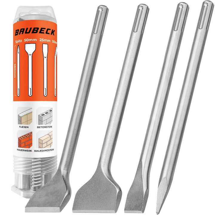 BAUBECK Meissel Set für Beton & Mauerwerk - SDS Max - LONG LIFE [4tlg] - 280mm lang, angewinkelt und