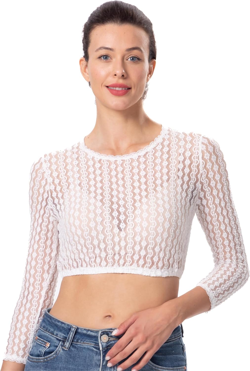 Dirndlwelle Dirndl Bluse Damen Langarm Spitze Dirndlbluse Damen 3/4 Arm Trachtenmode Knöpfe Button D
