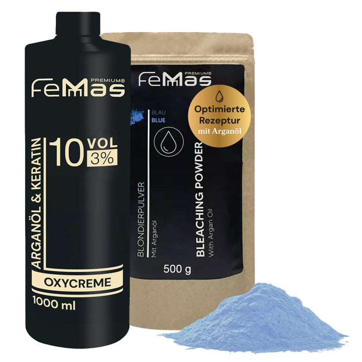 FemMas Blondier-Set: Blondierpulver mit Arganöl 500g & Entwickler 3 Prozent 1L I Perfektes Starterse
