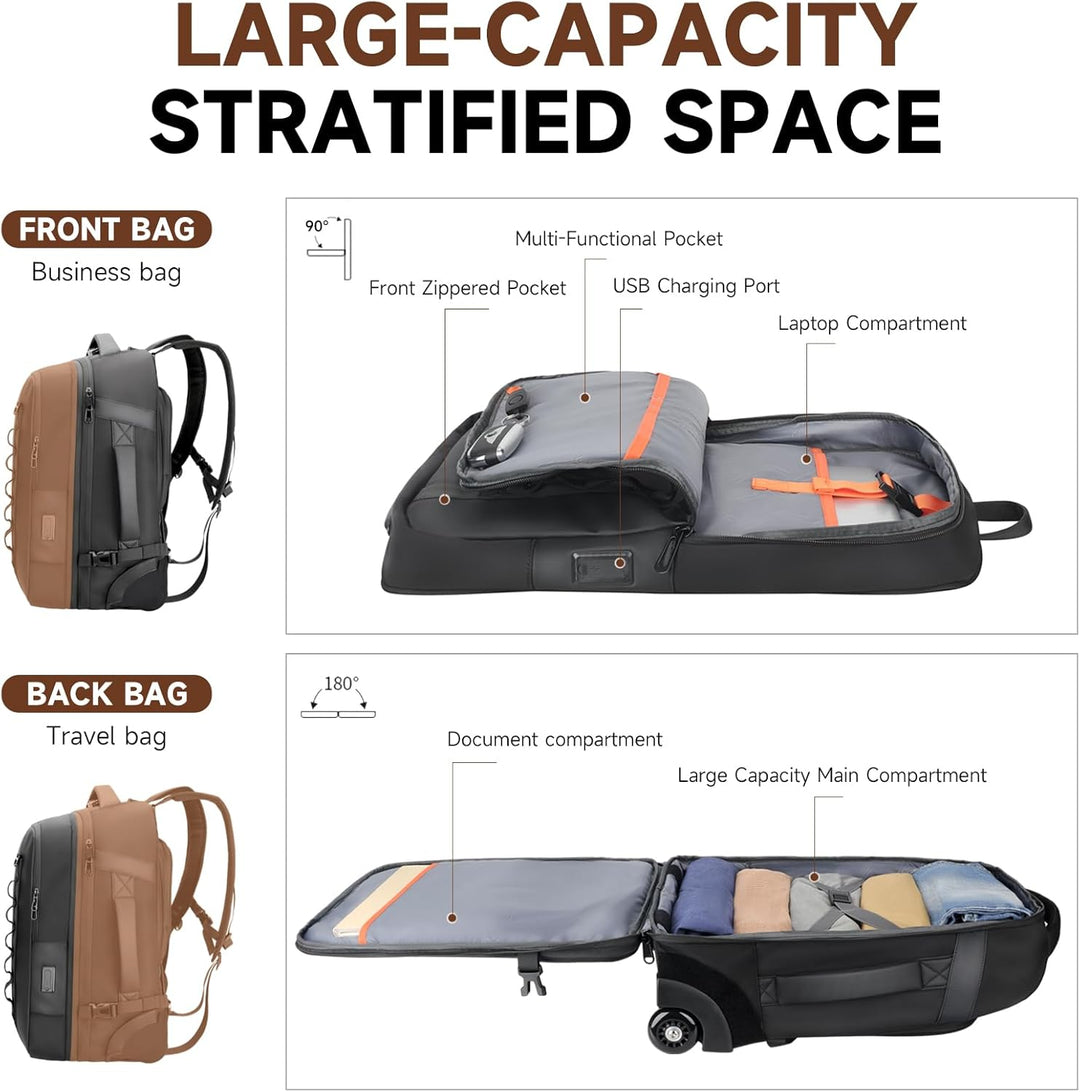2-in-1-Reiserucksack mit Rollen, 50L Rucksack Trolley mit 17,3" Laptopfach- Handgepäck mit USB-C-Ans