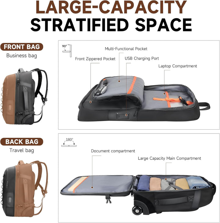 2-in-1-Reiserucksack mit Rollen, 50L Rucksack Trolley mit 17,3" Laptopfach- Handgepäck mit USB-C-Ans