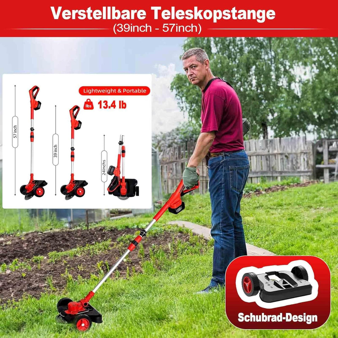 Rasentrimmer mit Akku und Unkrautbürste, 9" Bürstenlose Freischneider,mit 2 Akku 4.0Ah, 21v unkrautb