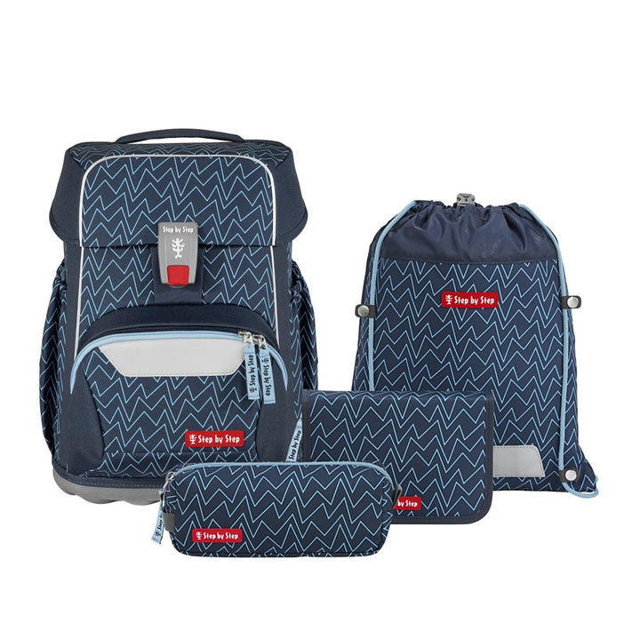 Step by Step Basis Schulranzen-Set „Blue Lines“, 4-teilig, blau, ergonomischer Tornister mit Reflekt
