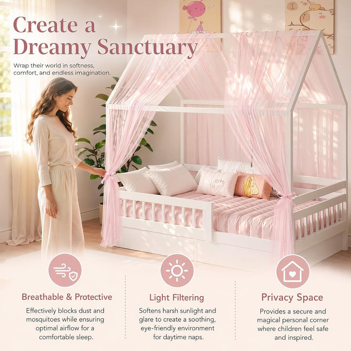 2 Stück Hausbett Himmel Set, Musselin Betthimmel für Kinderbett, weicher &amp; atmungsaktiver Baldachin