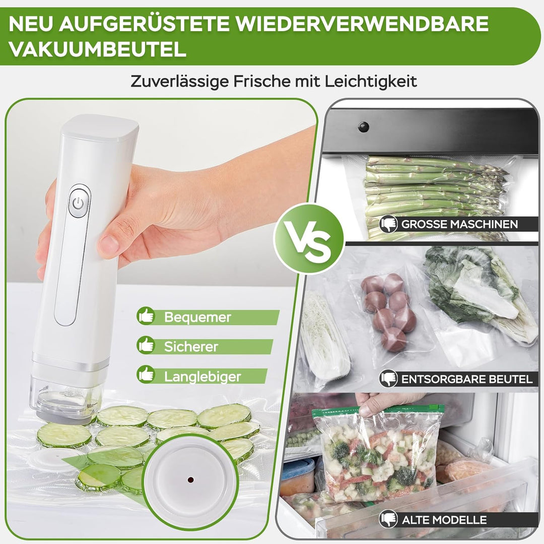 Vakuumiergerät Klein, Handvakuumierer mit 60 kPa Saugkraft, Vakuumierer für Lebensmittel mit 20 Wied