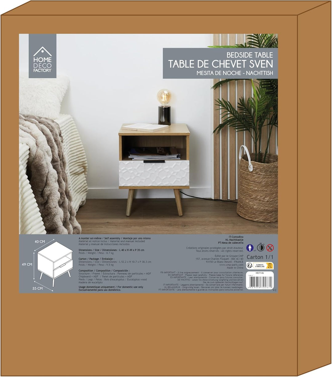 HOME DECO FACTORY HD7146 MESITA DE Noche C/CAJÓN Sven, Polyester, Holz/Weiss, 40x49x35 cm