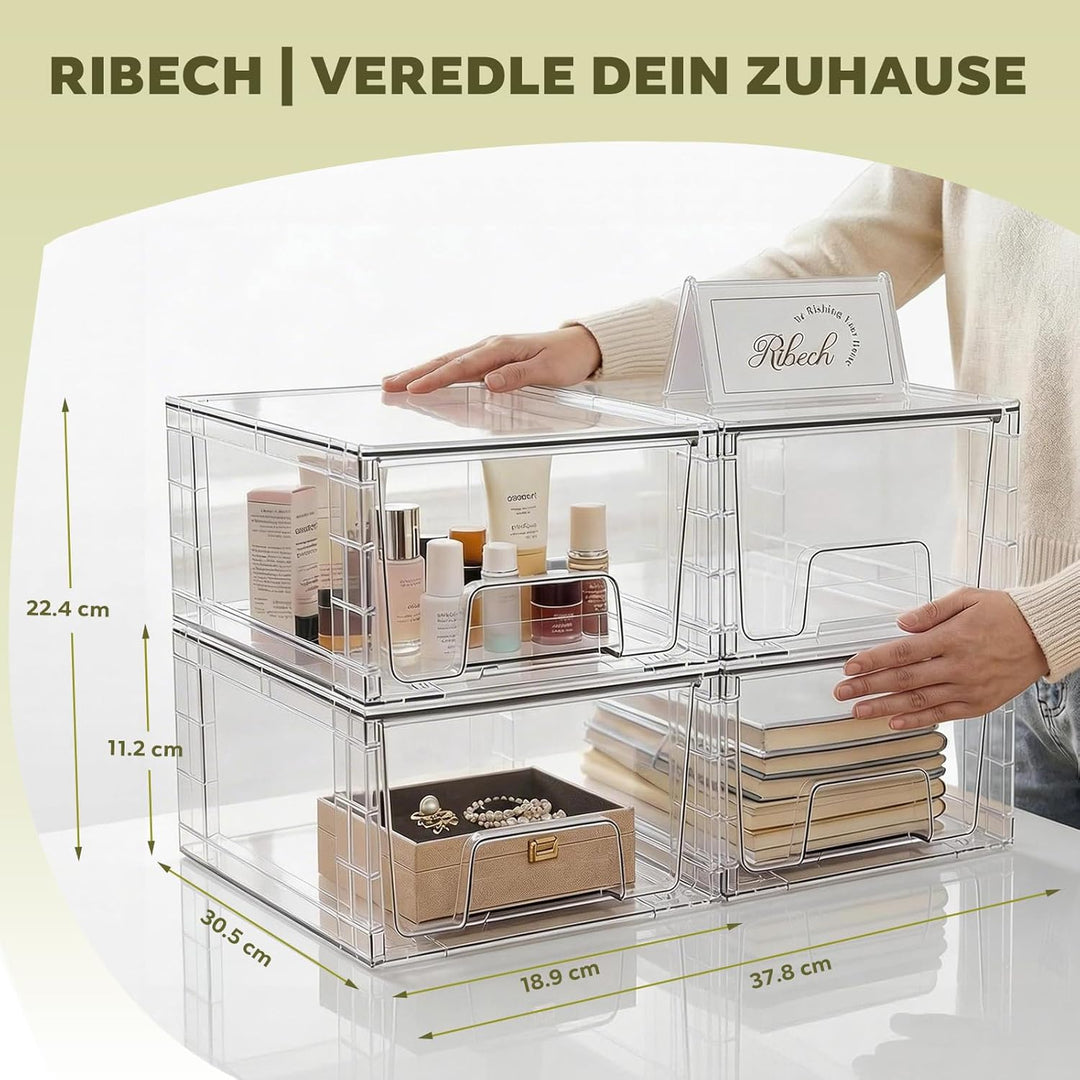 4er-Set Mittelgrosse Stapelbare Aufbewahrungsschubladen – Transparente Acryl-Organizer mit Griffen,