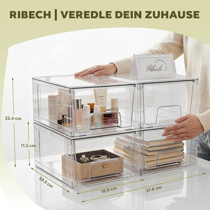 4er-Set Mittelgrosse Stapelbare Aufbewahrungsschubladen – Transparente Acryl-Organizer mit Griffen,