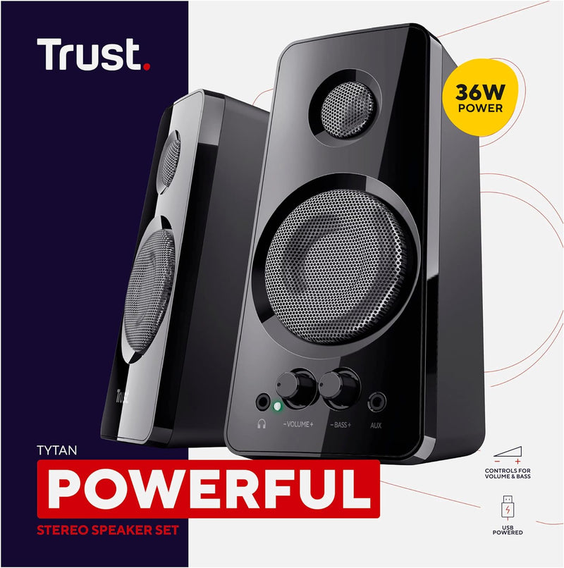 Trust Tytan 2.0 Lautsprecherset, 36 W (18 W RMS), Computer Boxen, Lautstärke- und Bassregler, Kopfhö