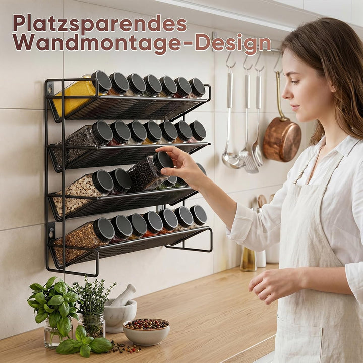 Gewürzregal Set mit Gläsern - 4 Ebenen Gewürzständer 28-tlg. Metall Schwarz - Küchen-Organizer inkl.