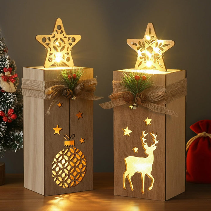 Holz Weihnachtsdeko mit LED Licht I 2er Set beleuchtete Holzdeko Weihnachten mit Elch & Stern I Weih