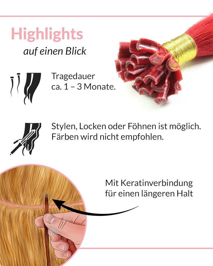 hair2heart Extensions Echthaar Bondings Glatt - 50 Strähnen 0.5g 30cm Rot #Rot 30cm 50 Strähnen, #Ro