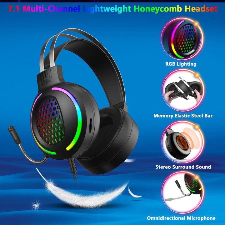 Gaming Tastatur Headset & Maus Set, 104 Tasten Rainbow Backlit UK Layout Tastatur 2400DPI Maus 7.1 S