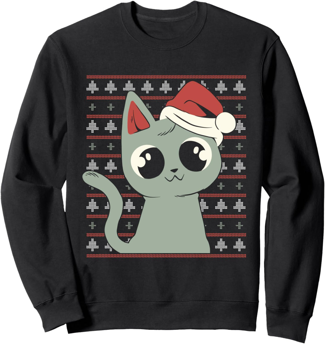 Süsse Katze mit Weihnachtsmütze Weihnachten Strick Motiv Sweatshirt