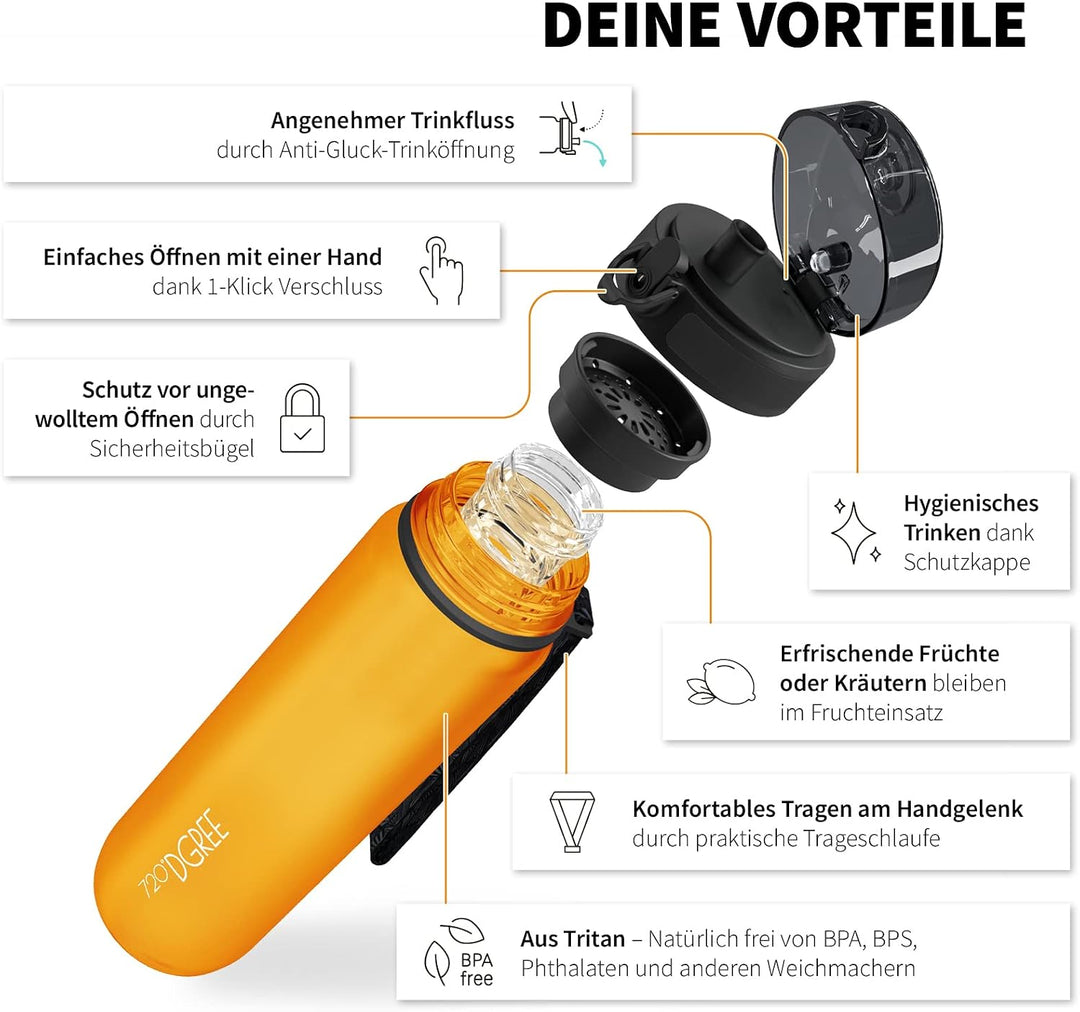 720°DGREE Trinkflasche “uberBottle“ 350ml, 500ml, 650ml, 1l, 1,5 Liter softTouch +Früchtebehälter -