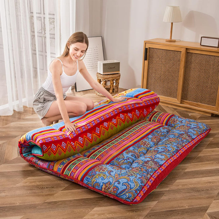 MAXYOYO Böhmische Retro-Bodenmatratze, Vintage-Blumenmuster, japanische Futon-Matratze, aufrollbar,