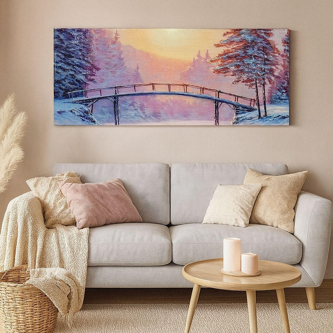 Wandbilder Dekoration Wohnzimmer Park Winter Brücke Panorama Bilder auf Leinwand 120x50cm Leinwandbi