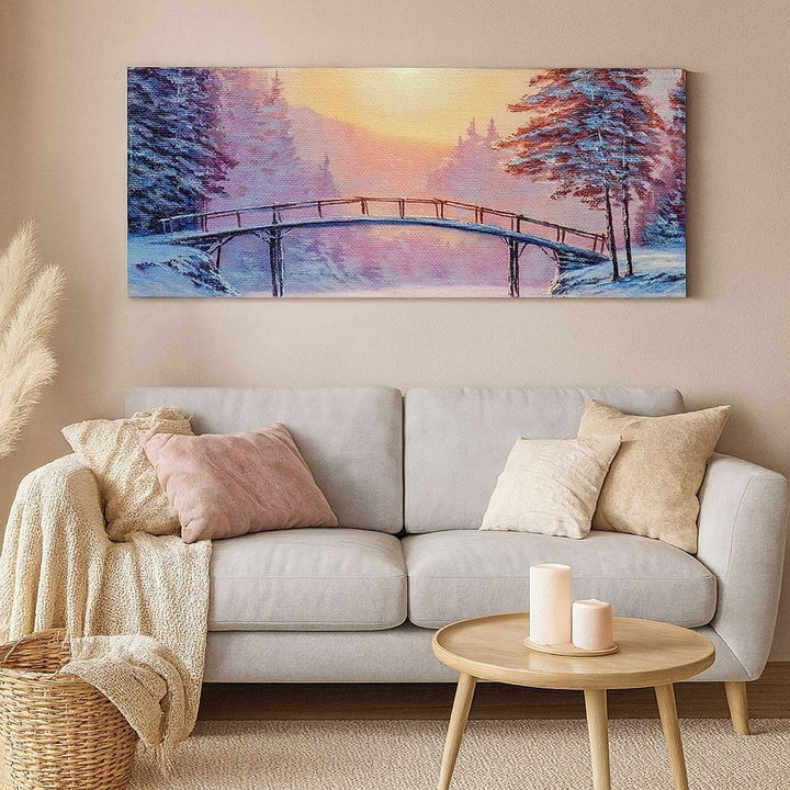 Wandbilder Dekoration Wohnzimmer Park Winter Brücke Panorama Bilder auf Leinwand 120x50cm Leinwandbi