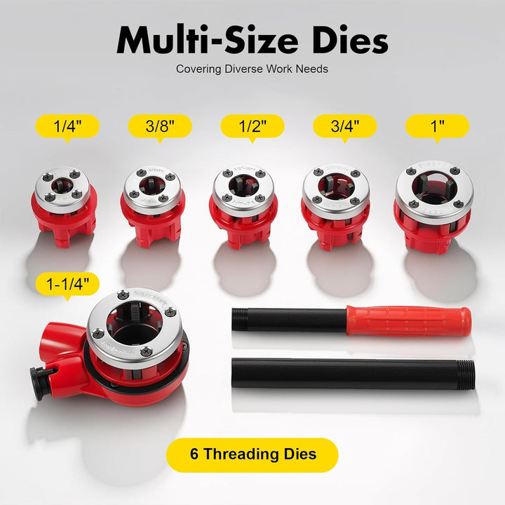 Rohrgewindeschneider Set Gewindeschneidkluppe mit 6 Matrizen 1/4", 3/8", 1/2", 3/4", 1",1-1/4", Hand