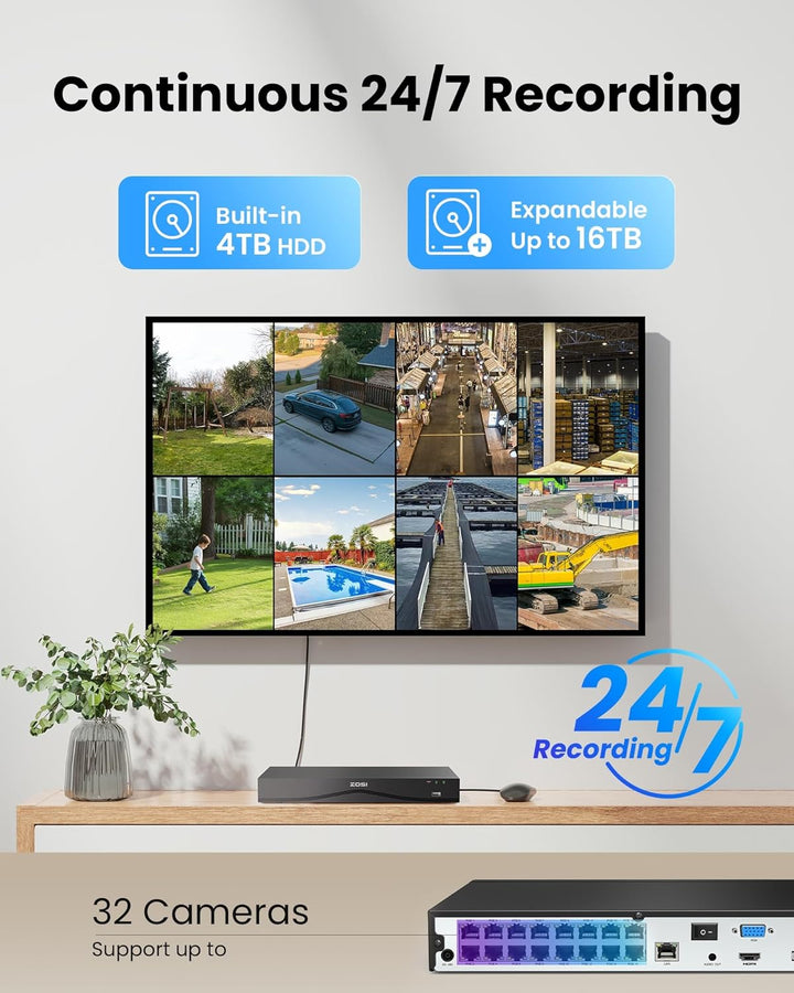 ZOSI 4K 32CH Überwachungskamera Set Aussen, 8MP PoE Kamera Überwachung Outdoor, 4TB HDD Dual-Disk NV