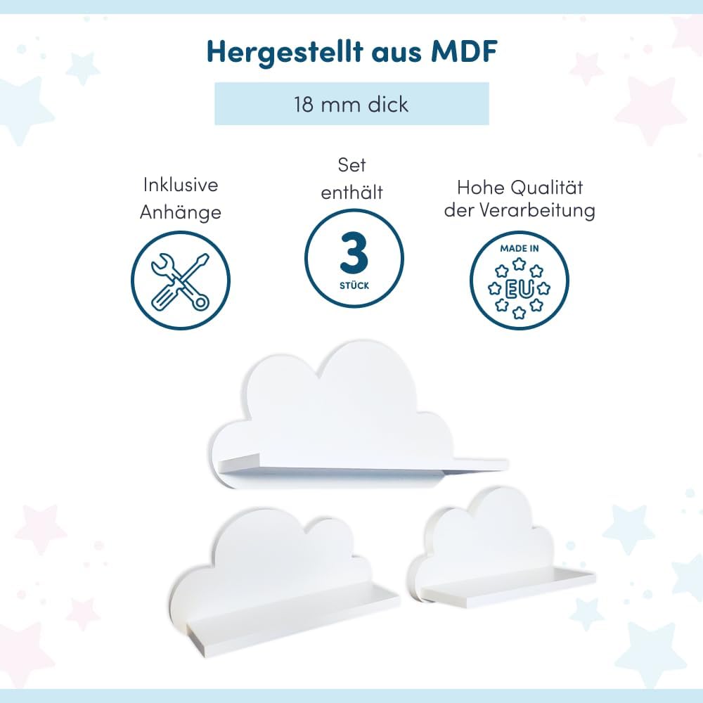 3er Set Wandregal Kinderzimmer Weiss | Babyzimmer Wolkenregal für Bücher, Spielzeug, Dekoration | Re