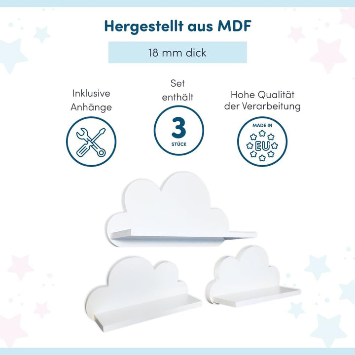 3er Set Wandregal Kinderzimmer Weiss | Babyzimmer Wolkenregal für Bücher, Spielzeug, Dekoration | Re