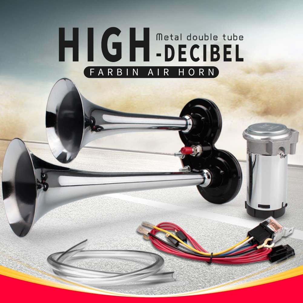FARBIN Auto Horn 12V 150db Super Loud Air Horn, Chrom Zink Dual Trompete Air Horn, LKW Horn mit Komp