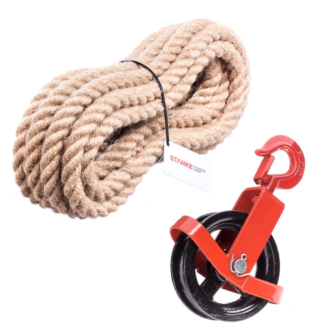 Seilwerk STANKE 125mm Umlenkrolle mit Haken + Juteseil 16mm 10 Meter Seilwinde Seilzug Seilrolle Win