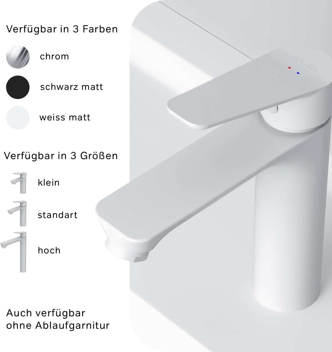 Waschtischarmatur Weiss Matt mit Klick-Ablaufgarnitur, Einhebel-Waschtischmischer Kurzer Auslauf 100
