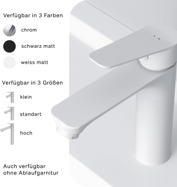 Waschtischarmatur Weiss Matt mit Klick-Ablaufgarnitur, Einhebel-Waschtischmischer Kurzer Auslauf 100