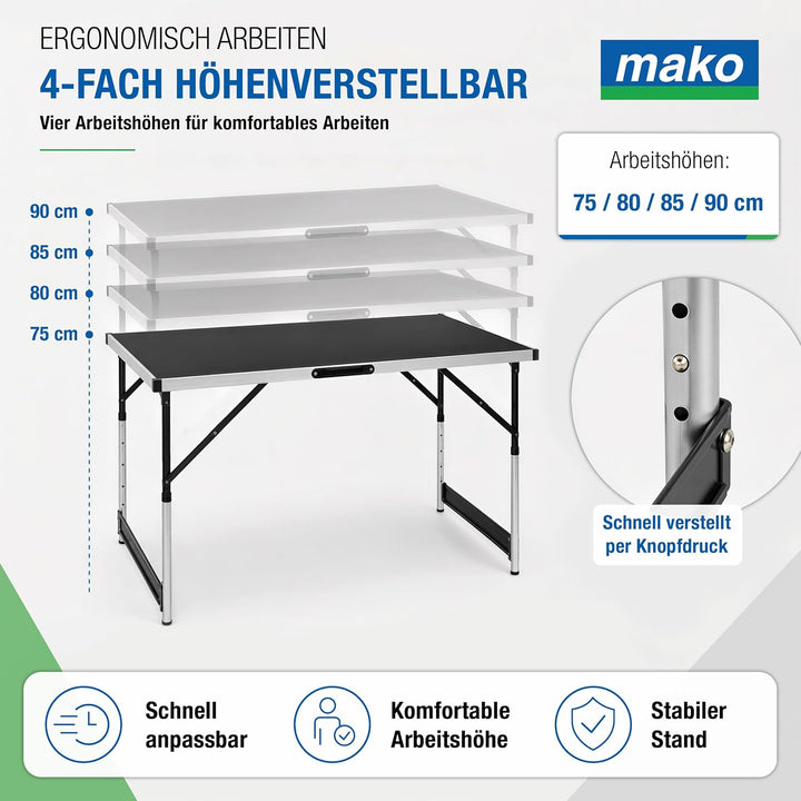 mako Tapeziertisch Profi, 3er-Set – Höhenverstellbarer Multifunktionstisch mit Alu-Rahmen, robuster