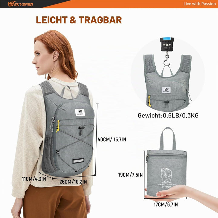 SKYSPER Faltbarer Kleiner Rucksack 10L, Kleiner Wanderrucksack Herren Damen | Ultraleicht Daypack fü