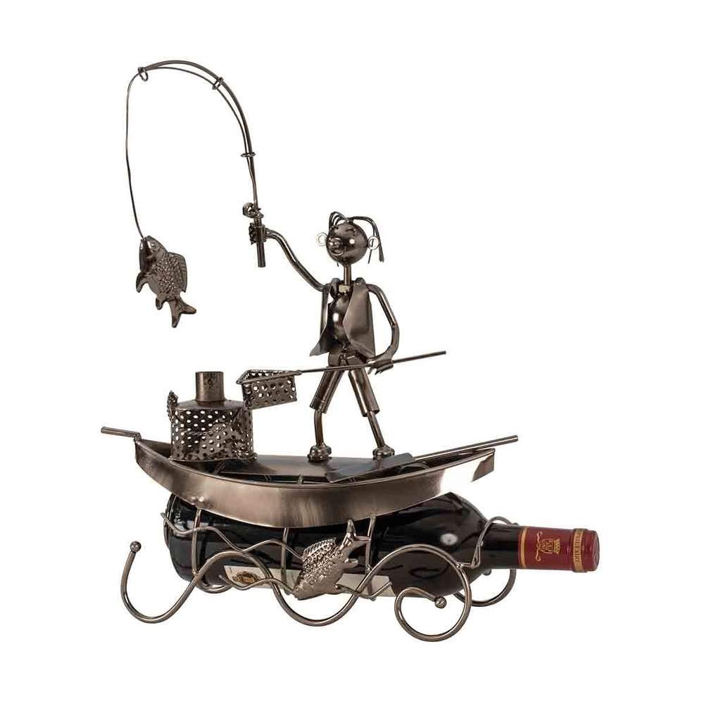 Moderner Wein Flaschenhalter Fischer im Boot aus Metall Höhe 39 cm Breite 29,5 cm