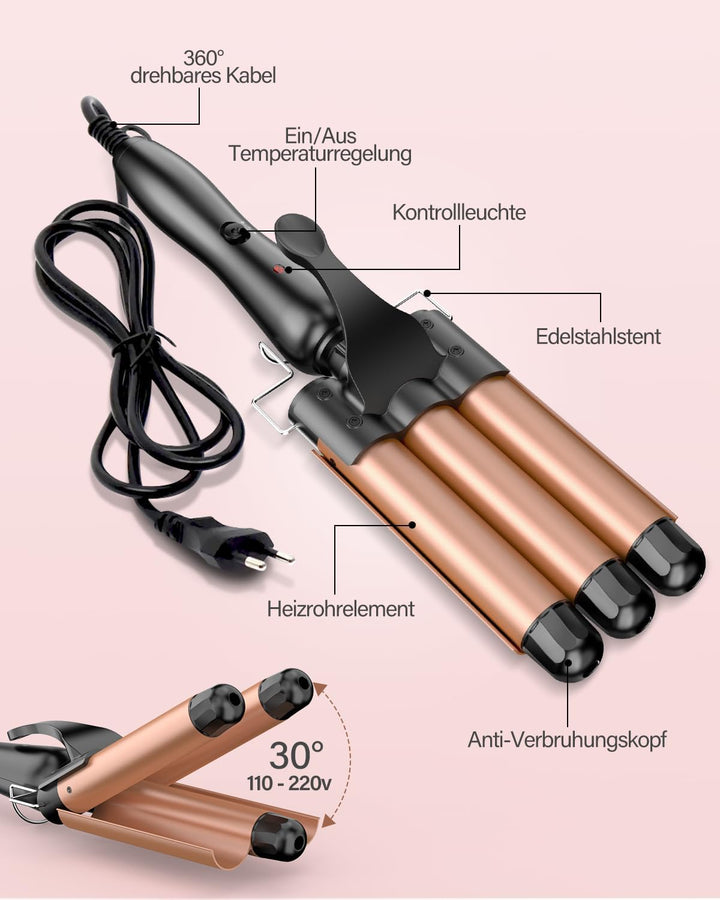 Lockenstab 3 FäSser Beach Waves Welleneisen für Haare, 25mm Kleine Locken Keramik Lockeneisen-Temper
