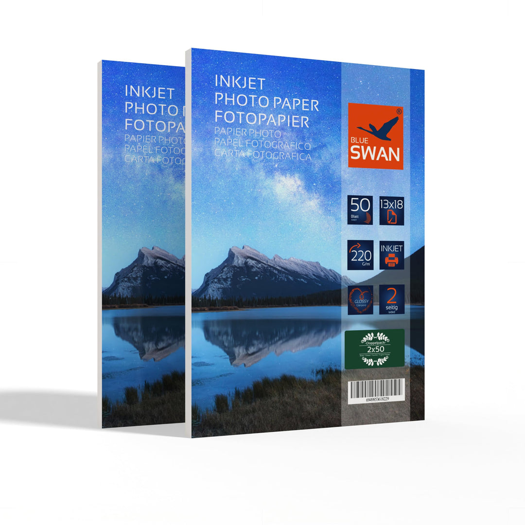 BLUE SWAN Fotopapier 13×18 cm, 220 g/m², 100 Blatt, Beidseitig Hochglanz, Wasserabweisend, Schnell T