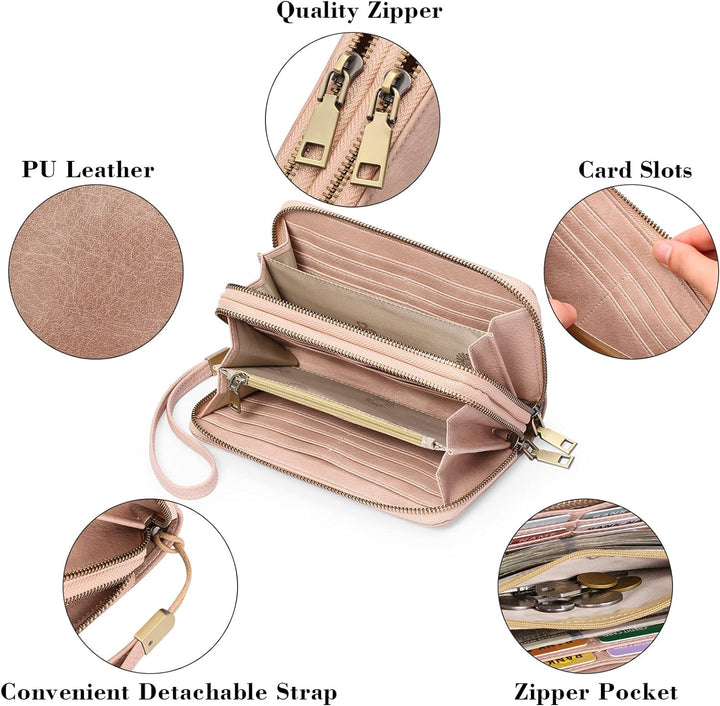 GAEKEAO Geldbörse Damen Gross, Portemonnaie Damen Veganes Leder Doppel Reissverschluss Kreditkartene