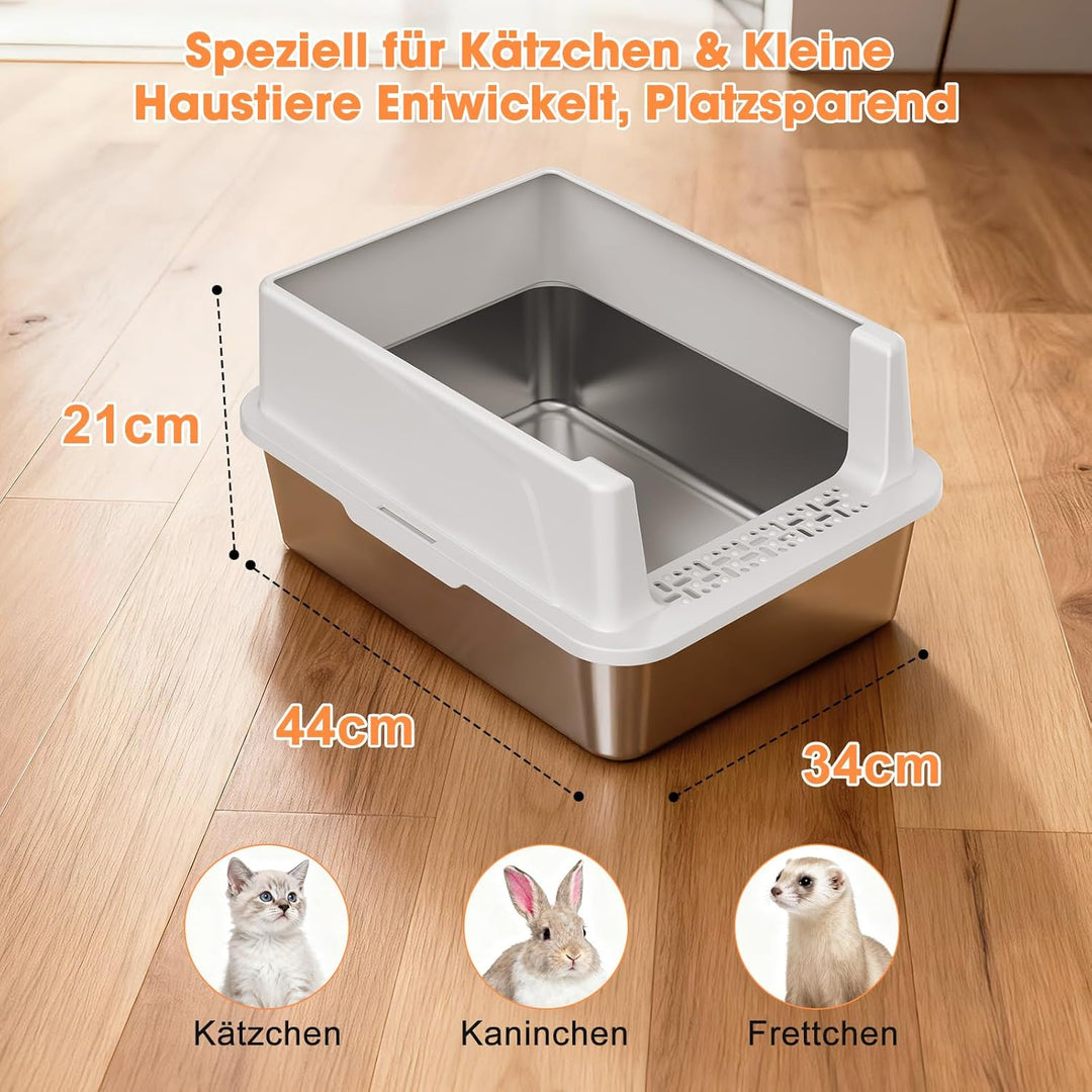 MIXJOY Katzenklo Edelstahl, Katzentoilette Edelstahl 18L Klein für Kätzchen - Offenes Design, Hoher