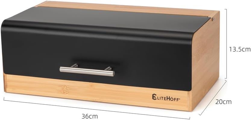 EliteHoff Brotkasten Bambus Metall, Brotbox Rechteckig ca. 36 x 20 x 14 cm, Brotbox mit Klappdeckel,