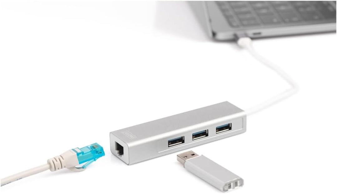 DIGITUS USB 3.0 Typ C 3-Port Hub mit Gigabit Ethernet Adapter, 3x USB A, 1x RJ45 LAN, Silber USB 3.0