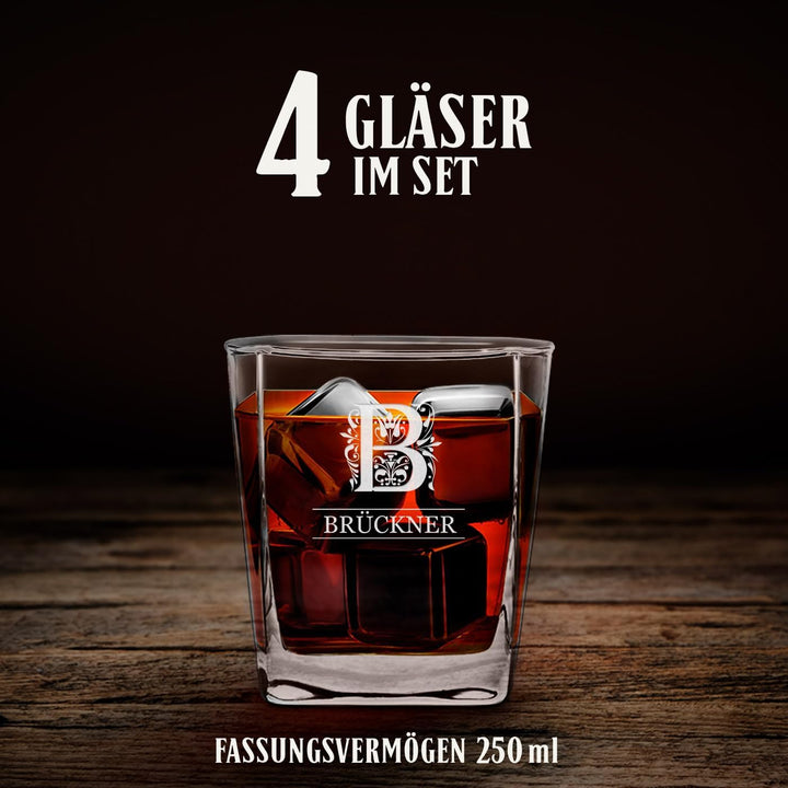 Maverton Whiskey Karaffe + 4er Whiskygläser Set mit Gravur - 700ml Whisky Dekanter - Geschenk zum Ge