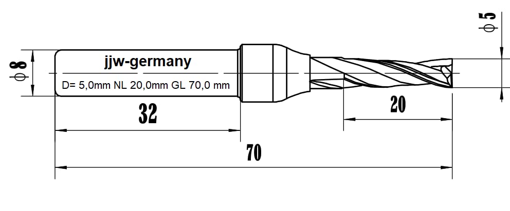 jjw-germany VHM - Spiralnutfräser Nutfräser Z= 2 für Hand Oberfräse mit Stahlschaft 8,0mm (D= 5,0 mm