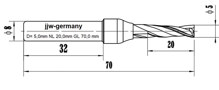 jjw-germany VHM - Spiralnutfräser Nutfräser Z= 2 für Hand Oberfräse mit Stahlschaft 8,0mm (D= 5,0 mm