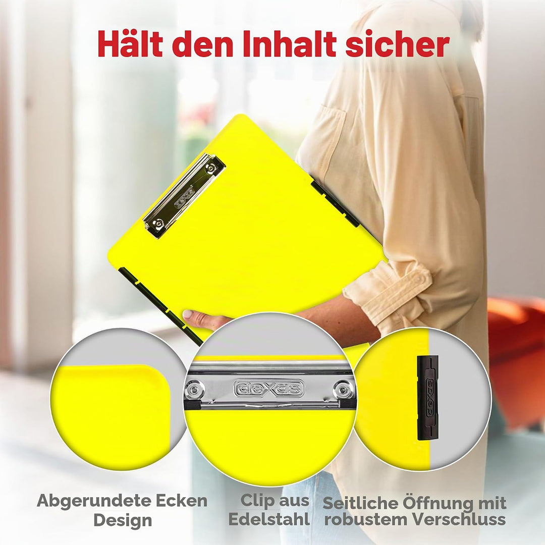 Dexas Slimcase 2, Kunststoff-Klemmbrett mit Aufbewahrung und seitlicher Öffnung, Neongelb, Bürobedar