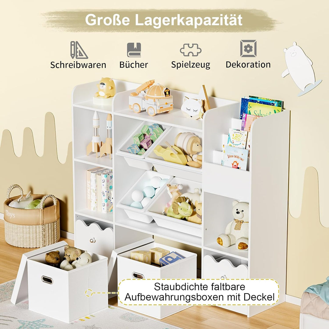 HOMMPA Holz Kinder Bücherregal Kinderregal mit 4 Boxen und Schubladen kommode Kinderzimmer Regal Wei