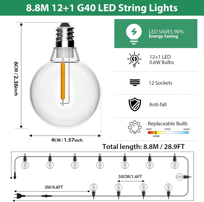 Lichterkette Aussen Strom - LED Outdoor Lichterkette Glühbirnen Aussen Innen Strom mit Stecker, 8,8M