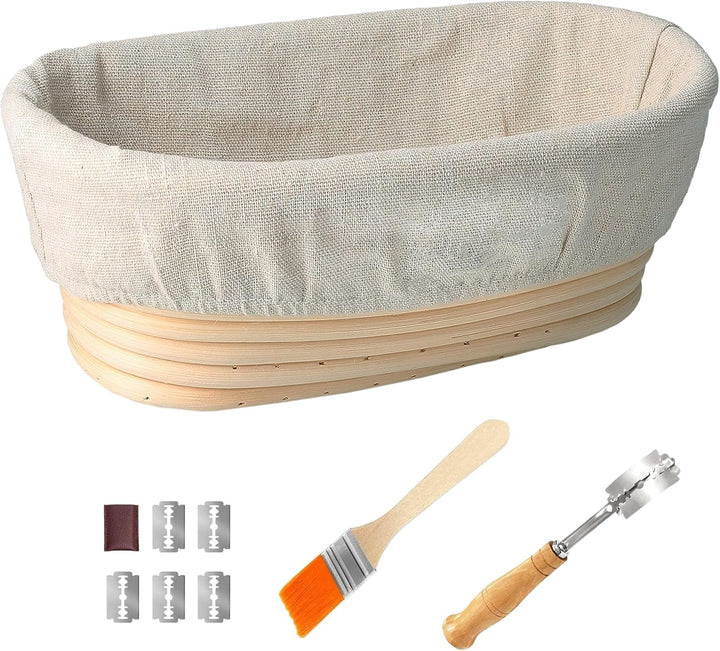 Gärkorb Oval 25cm, Banneton Set, Gärkörbchen Set 1kg Teig, Brot Backen Fasst für Brot, Bürste, Bread