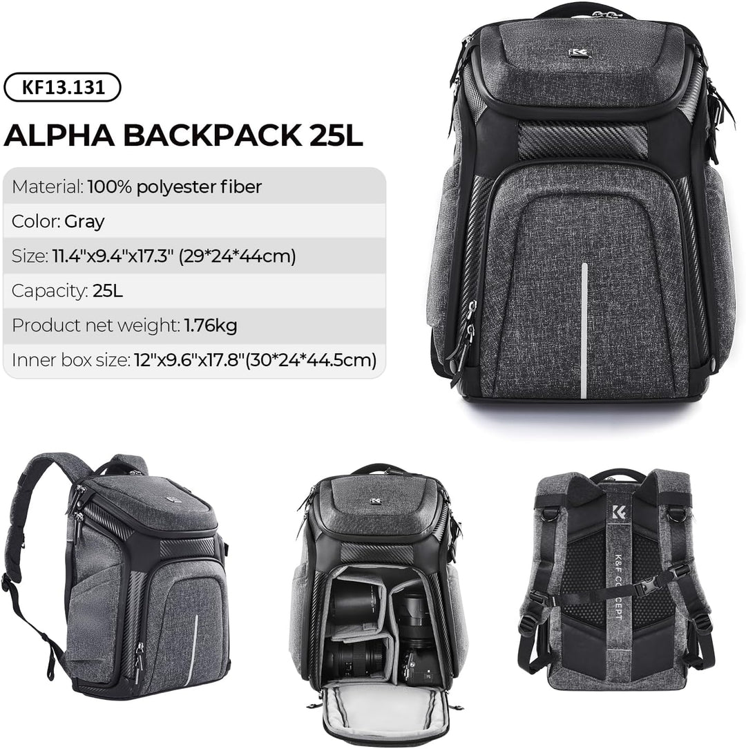 K&F Concept Wasserdichter Professioneller Kamerarucksack,Fotorucksack für 2 Kameras und 15,6 Zoll La